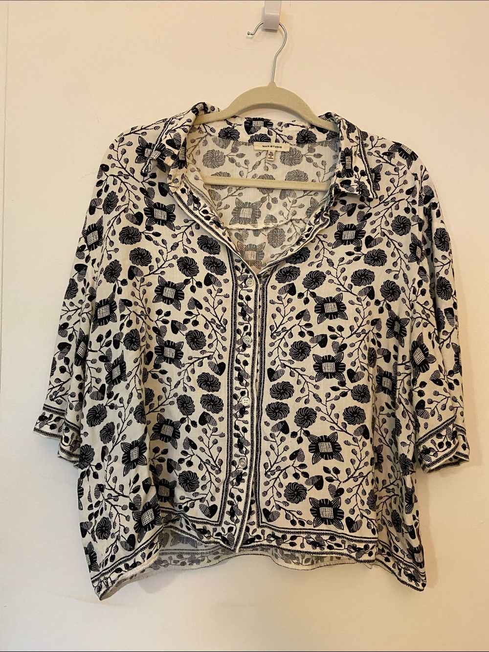 Max Studio Black and Cream Floral Button-Down Shirt
